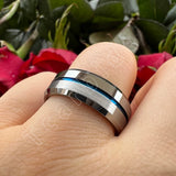 Beveled Polished Brushed Finish 8MM Two Tone Blue Groove Tungsten Carbide Comfort Fit Ring Men Women