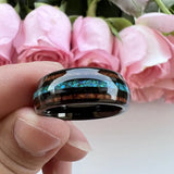 Domed Polished Shiny Green Crushed Opal Wood Inlay Black Tungsten Comfort Fit Wedding Band, Engagement Promise Ring