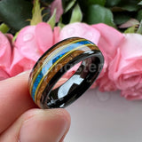 Gorgeous Whisky Wood Guitar String Inlay 8mm Tungsten Blue Opal Fashion Engagement Wedding Band for Men Women