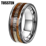 Super 8MM Whisky Wood Pilose Antler Ring Hammered Tungsten Pipe Cut Finish Comfort Fit Wedding Band For Men Women