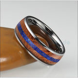 Fabulous 8mm Dome Polished Blue Lapis Whisky Oak Wood Inlay Tungsten Carbide Rings Men Women - Engagement Wedding Band