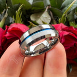 Beveled Polished Brushed Finish 8MM Two Tone Blue Groove Tungsten Carbide Comfort Fit Ring Men Women
