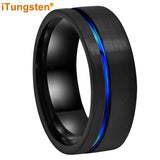 Offset Groove And Brushed Finish 8mm Black Blue Tungsten Carbide Comfort Fit Wedding Band Ring For Men Women
