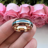Fashion 8MM Crushed Turquoise And Koa Wood Inlay Domed Men Women Black Tungsten Carbide Wedding Comfort Fit Ring