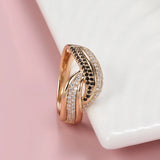 Dazzling Filled 14K Rose Gold Double White Black AAA+ CZ Diamonds Crossing Design Women Rings Luxury Gothic Jewelry