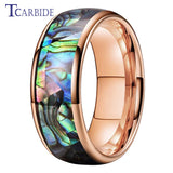 Domed Polished 8MM Cool Abalone Shell Ring Black Men Women Tungsten Wedding Comfort Fit Bands, Perfect Gift Jewelry