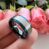 Splendid Black Blue Stepped Brushed Finish 8mm Tungsten Wedding  Comfort Fit Band For Men And Women