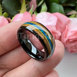 Gorgeous Whisky Wood Guitar String Inlay 8mm Tungsten Blue Opal Fashion Engagement Wedding Band for Men Women