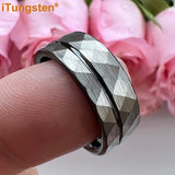 Flat Band Grooved Brushed 8mm Hammered Tungsten Carbide Comfort Fit Ring for Men Women - Fashion Wedding Jewelry