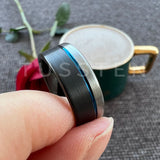 Astounding Offset Grooved Brushed Black Blue 8MM Comfort Fit Tungsten Carbide Wedding Band Men and Women Rings