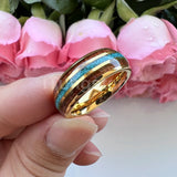 Fashion 8MM Crushed Turquoise And Koa Wood Inlay Domed Men Women Black Tungsten Carbide Wedding Comfort Fit Ring