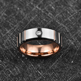 Gorgeous Dome Polished Zircon Horizontal Rosegold Groove 8mm Tungsten Carbide Steel Ring for Men Wedding Jewelry