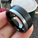 Astounding Offset Grooved Brushed Black Blue 8MM Comfort Fit Tungsten Carbide Wedding Band Men and Women Rings