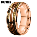 Marvelous Real Wood Inlay 8MM Rose Gold Color Meteorite Gold Foil Guitar String Men Women Tungsten Wedding Band