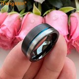 Offset Groove And Brushed Finish 8mm Black Blue Tungsten Carbide Comfort Fit Wedding Band Ring For Men Women