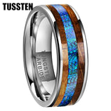 Super Blue Opal Whisky Barrel Wood Inlay 8mm Black Tungsten Comfort Fit Rings for Men, Women Fashion Wedding Bands