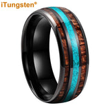 Fashion 8MM Crushed Turquoise And Koa Wood Inlay Domed Men Women Black Tungsten Carbide Wedding Comfort Fit Ring