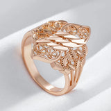 New Unique Pattern Rhombus Filled 14K Rose Gold Ring For Women -  Retro Style Hollow Flower Design Ethnic Jewelry