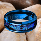 Blue Foil Inlay Beveled Polished Shiny 6/8MM Tungsten Ring for Men Women, Comfortable Fit Engagement Wedding Bands