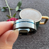 Astounding Offset Grooved Brushed Black Blue 8MM Comfort Fit Tungsten Carbide Wedding Band Men and Women Rings