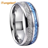 Blue Carbon Fiber And Meteorite Inlay 8mm Men Women Wedding Band Tungsten Carbide Comfort Fit Ring
