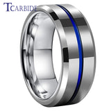 Beveled Polished Brushed Finish 8MM Two Tone Blue Groove Tungsten Carbide Comfort Fit Ring Men Women
