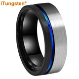 Offset Groove And Brushed Finish 8mm Black Blue Tungsten Carbide Comfort Fit Wedding Band Ring For Men Women