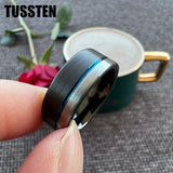 Astounding Offset Grooved Brushed Black Blue 8MM Comfort Fit Tungsten Carbide Wedding Band Men and Women Rings