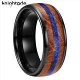 Fabulous 8mm Dome Polished Blue Lapis Whisky Oak Wood Inlay Tungsten Carbide Rings Men Women - Engagement Wedding Band