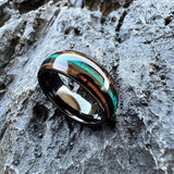 Fashion 8Mm Black Green Opal Koa Wood Inlay Tungsten Comfortable Fit Ring for Men Women - Engagement Wedding Ring