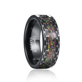 Impressive Black Edge Black Carbon Batch Flower Brushed Inlaid Opal Men's Tungsten Carbide Ring, Wedding Jewelry