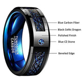 Gorgeous Inlaid Black Dragon 8mm Width 2.3MM Thick Fashion Men's Blue Tungsten Carbide Ring for Wedding