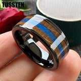 Super Blue Opal Whisky Barrel Wood Inlay 8mm Black Tungsten Comfort Fit Rings for Men, Women Fashion Wedding Bands