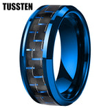Black Blue Carbon Fiber Inlay Shiny Bevel Edges 6/8MM Men and Women Tungsten Comfort Fit Wedding Band
