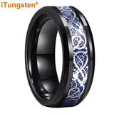 Awesome Blue Carbon Fiber Inlay Dragon 8mm Beveled Edges Ring for Men and Women Tungsten Comfort Fit Wedding Band