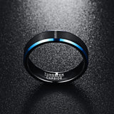 High Quality 6MM Blue Beveled Edges Black Matte Brushed Finish Tungsten Carbide Ring - Comfort Fit Size 7 to 12