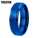 Super Blue White Stepped Edges Hammered Finish 6/8MM Men Women Tungsten Comfort Fit Engagement Rings Trendy Jewelry