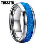 Amazing Blue Opal Domed Polished 6MM 8MM  Fashion Tungsten Comfort Fit Engagement Wedding Bands for Men and Women