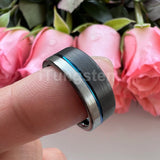 Offset Groove And Brushed Finish 8mm Black Blue Tungsten Carbide Comfort Fit Wedding Band Ring For Men Women