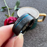 Astounding Offset Grooved Brushed Black Blue 8MM Comfort Fit Tungsten Carbide Wedding Band Men and Women Rings