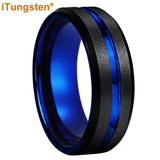 Outstanding 8mm Black Blue Color Grooved Beveled Finish Comfort Fit Satin Tungsten Wedding Band for Men and Women