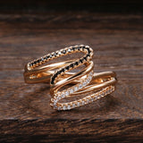 Luxury Geometric Filled 14K Rose Gold AAA+ Black And White CZ Diamonds Setting Hollow Ring - Ethnic Wedding Jewelry