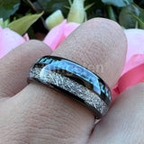 Blue Carbon Fiber And Meteorite Inlay 8mm Men Women Wedding Band Tungsten Carbide Comfort Fit Ring
