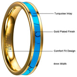 4MM Men Women Tungsten Gold Color Inlay Blue Natural Stone Tungsten Carbide Steel Rings, Anniversary Wedding Ring