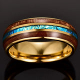 Exquisite stunning dome design Hawaiian Koa wood, electroplated gold and inlaid with acacia imitation opal.