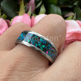 Super 8mm Multi Facet Hammer With Galaxy Series Opal Inlay Comfort Fit Men Women Tungsten Wedding Band