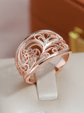 Elegant Hollow Texture Glossy Filled 14K Rose Gold Wide Rings For Women Vintage Ethnic Style Fashion Jewelry