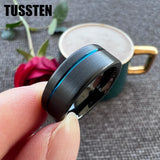 Astounding Offset Grooved Brushed Black Blue 8MM Comfort Fit Tungsten Carbide Wedding Band Men and Women Rings