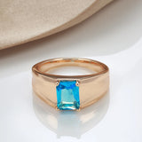 Elegant Daily Wide Face Smooth Metal Square Blue Rolled 14K Rose Gold AAA Zircon Crystal  Jewelry Rings For Women