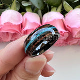 Fashion 8MM Crushed Turquoise And Koa Wood Inlay Domed Men Women Black Tungsten Carbide Wedding Comfort Fit Ring